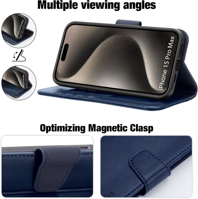 Arae Compatible with iPhone 15 Pro Max Case with Card Holder and Wrist Strap Wallet Flip Cover for iPhone 15 Pro Max 6.7 inch,Blue - Image 3